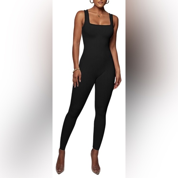 Black Women's Full Length Fitted Ribbed Bodysuit Jumpsuit - Picture 2 of 9
